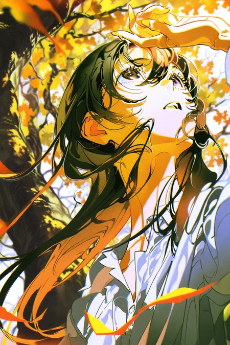 Yoneyama Mai,1girl,solo,black hair,tree,looking up,long hair,parted lips,shirt,