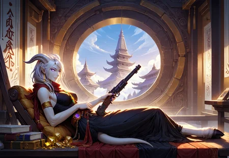(absurdres, best quality, masterpiece:1.4), score_9, score_8_up, score_7_up, score_6_up, detailed, detailed body, detailed face, world of warcraft, fantasy, <lora:add-detail-xl:1.5>,
fFaceDetail, (female, draenei, h0rns, ram horns, white horns, tall, athletic arms, pale white skin, long white hair, purple eyes, long white tail, long fingers, purple fingernail polish),
(long loose black dress, red silk scarf, tail under dress, simple armlet, small yellow gem pendant, small yellow gem earrings),
portrait, side view, looking to viewer, soft smile, (lying down, lying on bench, lying on side),
GunMonk, shotgun, full body, side view, indoors, temple, (window in background, outer space), sitting at table, legs on table, leaning back in chair