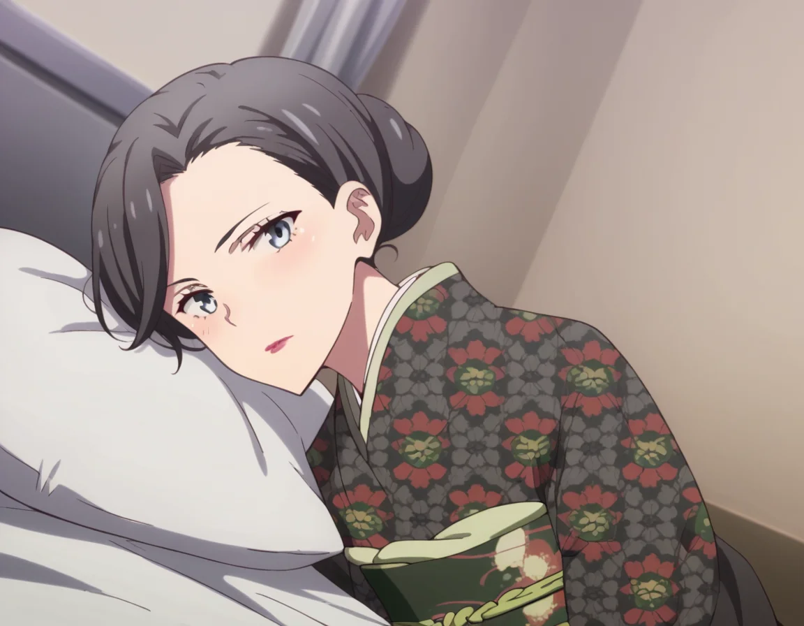 score_9, score_8_up, score_7_up, source_anime,
motheryukinoshita, <lora:mother-yukinoshita-s3-ponyxl-lora-nochekaiser:1>,
mother yukinoshita, short hair, blue eyes, black hair, hair bun, single hair bun, hair up,
japanese clothes, kimono, sash, makeup, obi, floral print, lipstick, black kimono,
indoors, bed, bed room, on side, blush, drunk,
looking at viewer, cowboy shot, dutch angle, solo,