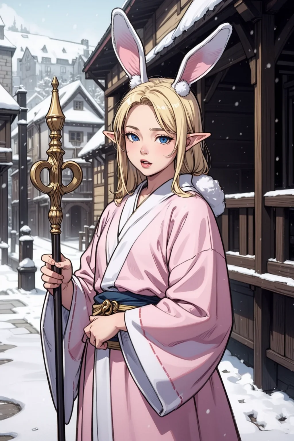 (masterpiece, best quality, detailed, beautiful, realistic),
1boy, elf, young, cute, adorable, effeminate, (big bunny ears:1.2), pink and white mage robe, otoko no ko, slender, slim, small, holding staff, (blonde hair, blue eyes),
medieval town, snow,
<lora:weight_slider_v2:1.4>, <lora:gender_slider_v1:0.8>