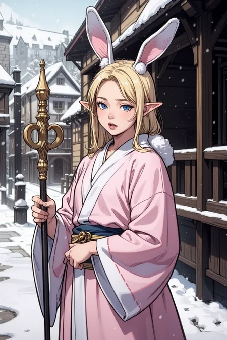 (masterpiece, best quality, detailed, beautiful, realistic),
1boy, elf, young, cute, adorable, effeminate, (big bunny ears:1.2), pink and white mage robe, otoko no ko, slender, slim, small, holding staff, (blonde hair, blue eyes),
medieval town, snow,
<lora:weight_slider_v2:1.4>, <lora:gender_slider_v1:0.8>