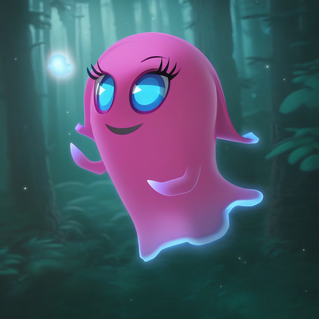 score_9, solo, pin_paga, pink ghost, blue eyes, floating, forest