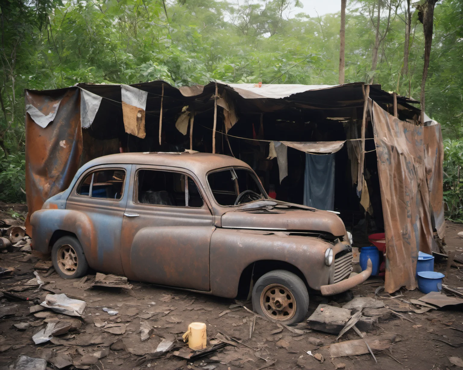 a makeshift settlement where survivors have constructed shelters from salvaged materials. Rusty metal sheets, tattered banners, and repurposed vehicle parts create a chaotic yet functional living environment amidst the ruins, SZ_4poXL enviroment   <lora:Post ApocalypticXL_v2:0.6>