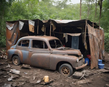 a makeshift settlement where survivors have constructed shelters from salvaged materials. Rusty metal sheets, tattered banners, and repurposed vehicle parts create a chaotic yet functional living environment amidst the ruins, SZ_4poXL enviroment   <lora:Post ApocalypticXL_v2:0.6>