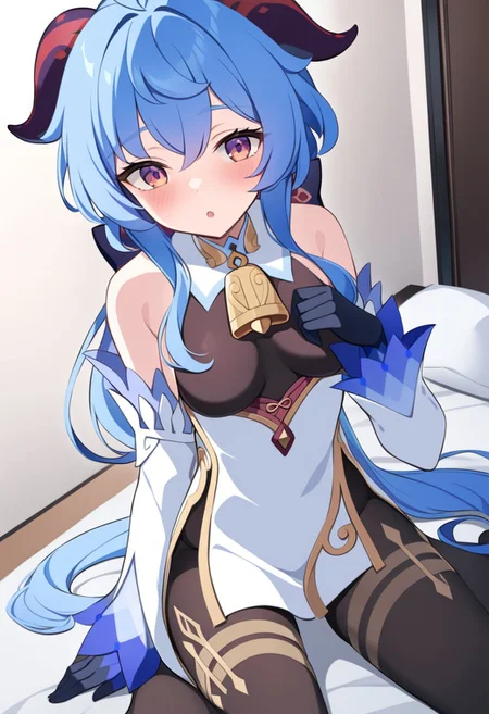 solo, ganyu \(genshin impact\), blue_hair, long_hair, detached_sleeves, bell, horns, gloves, bare_shoulders, bangs, gold_trim, purple_eyes, white_sleeves, ahoge, thighlet, black_gloves, neck_bell, medium_breasts, thighlet, black pantyhose, front view, cowboy shot, masterpiece, best quality, :o, looking aside, wariza, luxury hotel room, indoors, score_9, score_8_up, score_7_up,source_anime,