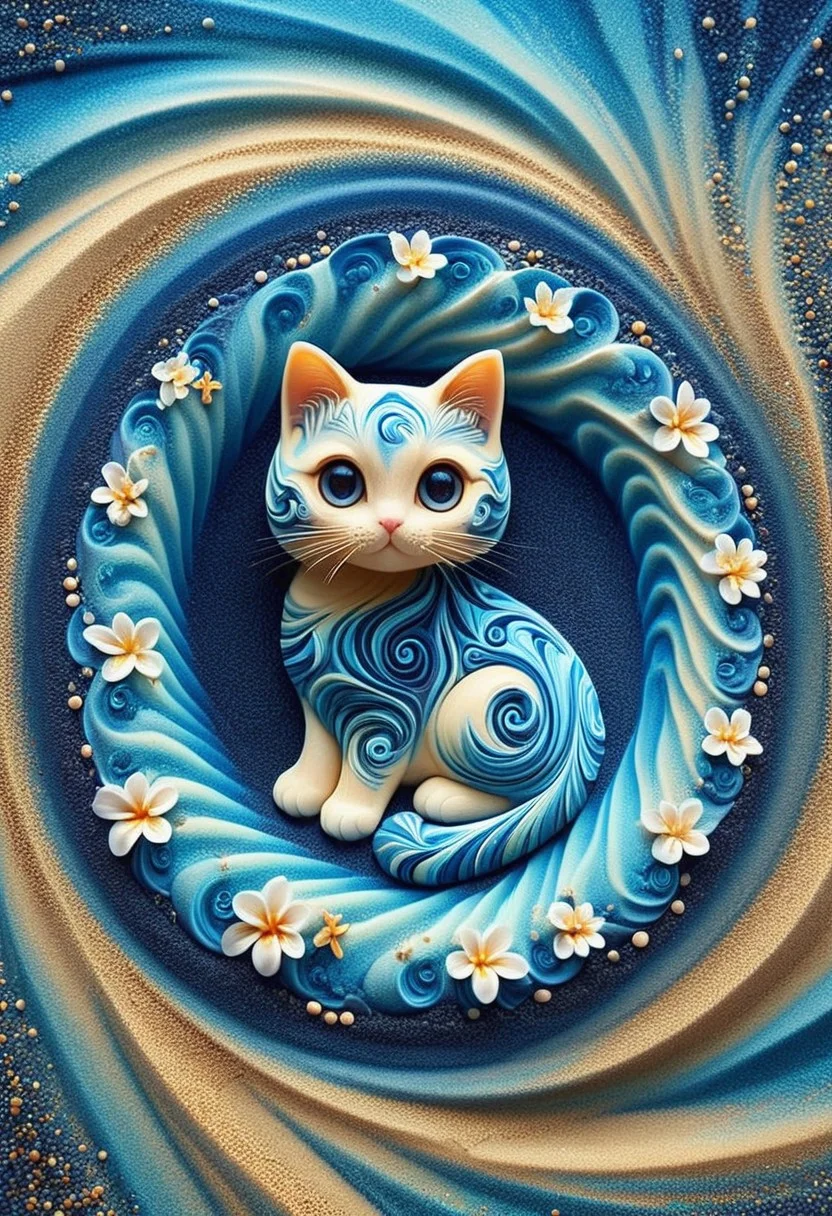 A cute chibi cat with big eyes on in a swirl garden, kaleidoscopic illusions. sandswirl, swirling sand, blue theme