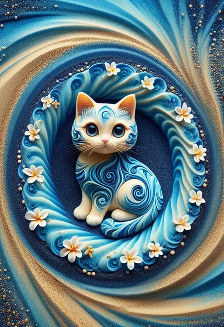 A cute chibi cat with big eyes on in a swirl garden, kaleidoscopic illusions. sandswirl, swirling sand, blue theme