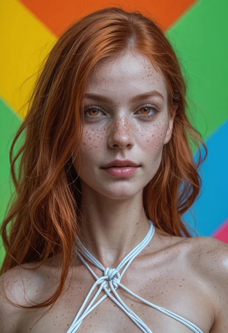 safe_pos, score_9, score_8_up, score_7_up, realistic, intricate details
BREAK
1girl, pretty girl with freckles, 23yr old, beautiful face, olive skin, mixed race, biracial, ethnic features, exotic features, beautiful eyes, perfect detailed eyes, (((ginger)) hair, long straight hair, hime cut, (realistic skin:1.3)∙(detailed skin:1.3)∙(skin texture:1.3)∙(perfect skin:1.3). [wrinkes,dimples].
topless, huge round ass, narrow waist, white gstring.
(expressive face, expressive body, expressive emotions, dynamic pose, intense gaze, lively eyes, detailed facial expression, engaging presence:1.0).
Natural skin, Freckles.
neon background