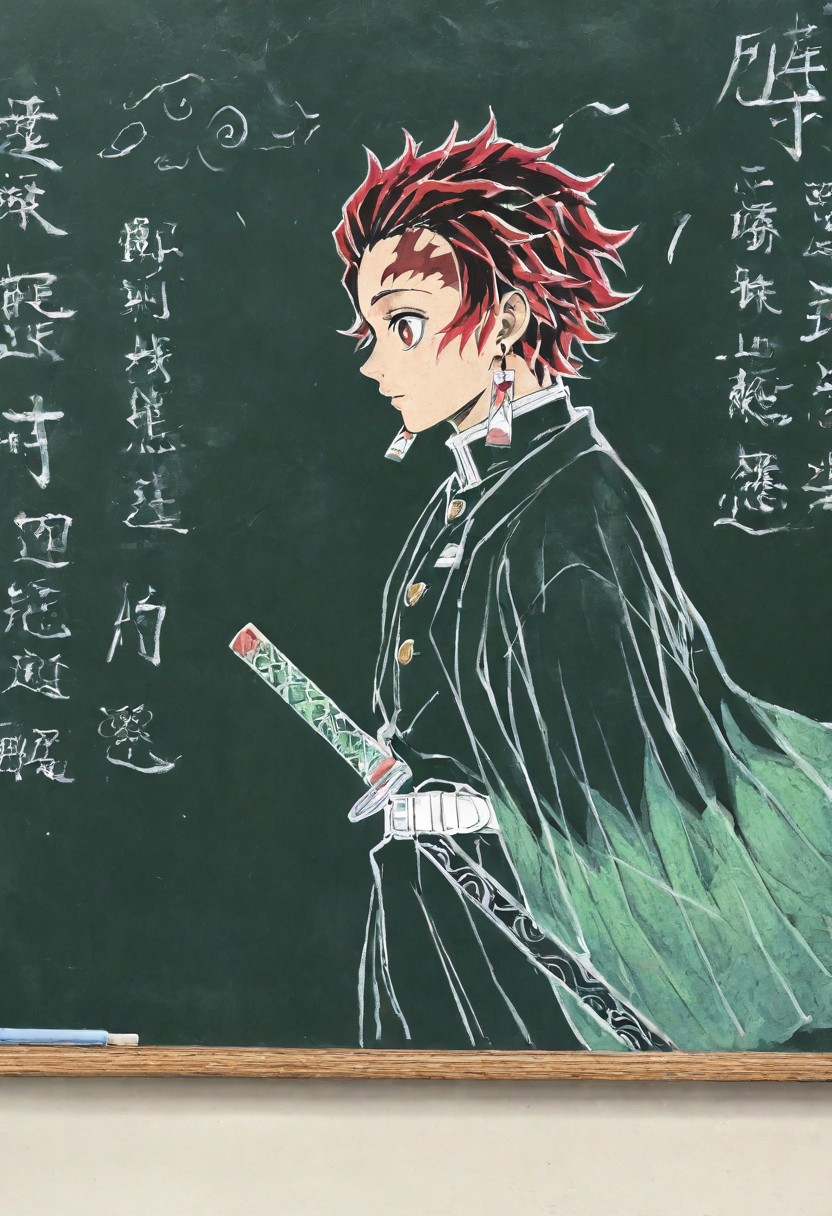 masterpiece, best quality, amazing quality, very aesthetic, absurdres, newest, detailed background, black3oard, chalkboard, chalk drawing, traditional media, 1boy, solo, male focus, kamado tanjirou, kimetsu no yaiba, short hair, demon slayer uniform, sword, red hair, from side, (lineart, sketch:1.2)