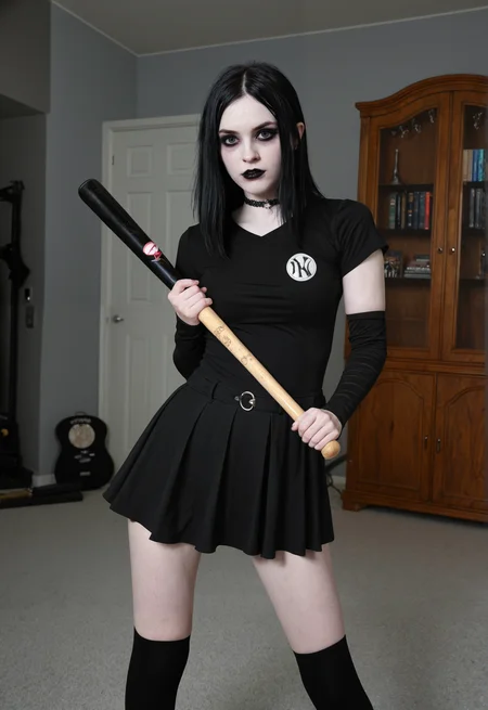 portrait of young goth woman holding a long baseball bat, 20 years old, cute face, indoors