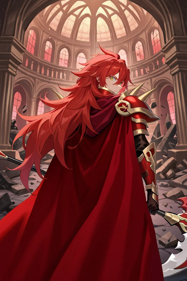 <lora:GulcasaIL:0.8> , guldef, (1boy), red hair, long hair, hair between eyes, yellow eyes, armor, full armor, spikes, shoulder armor, shoulder spikes, cape, red cape, pauldrons, serious expression, looking at viewer, (from behind), looking back, interior, palace, mansion, rubble, debris, holding scythe, solo, masterpiece, very aesthetic, absurdres, best quality, amazing quality, high resolution, detailed background, <lora:illustrious_quality_modifiers_masterpieces_v1:0.8> , <lora:ChamIllustriousBackgroundEnhancer:0.5>
