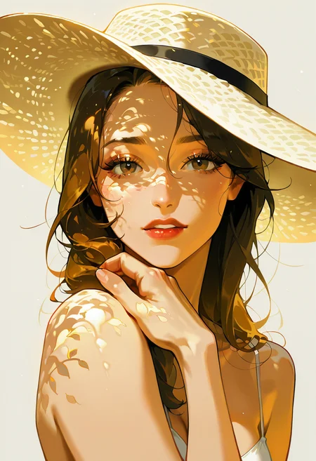dappled sunlight, 1girl, solo, long hair, brown hair, red lips, bare shoulders, dress, lips, upper body, hat, hand up, lipstick, looking at viewer