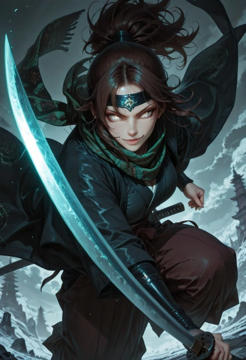 masterpiece, best quality,high quality, newest, highres,8K,HDR,absurdres, 1girl, mature female, solo, ponytail, long dark brown hair, glowing grey eyes, slit pupils, sexy smile expression, black and green checker patterned scarf, black kimono, haori, hakama pants, katana, samurai fantasy battlefield, stormy sky, dynamic pose, intense lighting, detailed background, depth of field, dynamic composition, foreshortening, detailed background, dynamic pose, dynamic composition,dutch angle, detailed backgroud,foreshortening,blurry edges <lora:iLLMythG0thicL1nes:1> G0thicL1nes