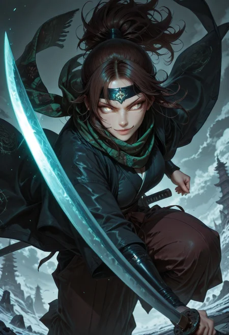 masterpiece, best quality,high quality, newest, highres,8K,HDR,absurdres, 1girl, mature female, solo, ponytail, long dark brown hair, glowing grey eyes, slit pupils, sexy smile expression, black and green checker patterned scarf, black kimono, haori, hakama pants, katana, samurai fantasy battlefield, stormy sky, dynamic pose, intense lighting, detailed background, depth of field, dynamic composition, foreshortening, detailed background, dynamic pose, dynamic composition,dutch angle, detailed backgroud,foreshortening,blurry edges <lora:iLLMythG0thicL1nes:1> G0thicL1nes