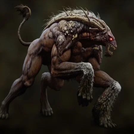 first person pov, 3D01S, simple background atmospheric and powerful dark fantasy, natural organic and first person pov of a
a ferocious, quadrupedal beast with a hulking, sinewy frame that looks like a blend between a lion, hyena, and prehistoric predator. Its body is covered in patchy, coarse fur, mottled with scar-like markings, and stretched taut over prominent muscles, giving it a grotesque, rugged appearance. Its elongated, almost grotesquely horse-like head sports a maw filled with oversized, jagged teeth that look designed for rending flesh, and its lips are pulled back in a perpetual snarl, exposing yellowed fangs. The creature’s glowing red eyes smolder with malevolent intelligence, constantly scanning its surroundings for prey.
Its legs are stocky and end in cloven hooves, giving it a thunderous gallop, but its agility is uncanny for a creature of its bulk. The tail is long, sinewy, and whip-like, ending in a tuft of matted fur, adding to its predatory nature. Razor-sharp, bone-like ridges protrude slightly from its back, reinforcing the impression that this is a creature designed purely for combat and survival. It exudes a feral, almost supernatural aura, combining the ferocity of a predator with the calculated cunning of an apex hunter, a true monster of ancient nightmares.
UHD letterboxed game trailer frame chromatic aberration dark atmosphere sharp masterpiece with a focus on the character, elden ring style, dark atmosphere, chromatic aberration