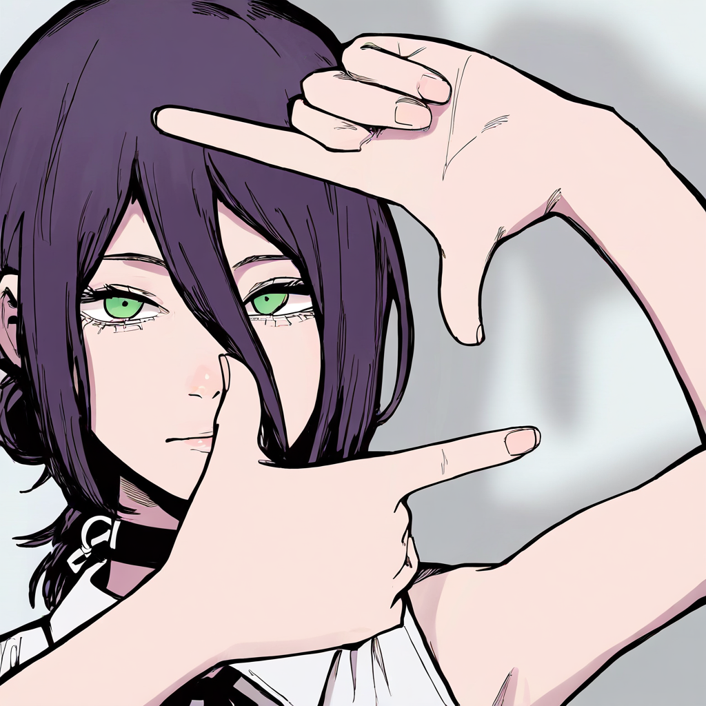 1girl,reze \(chainsaw man\),solo,shirt,white shirt,sleeveless,collared shirt,sleeveless shirt,bare shoulders,lips,green eyes,purple hair,choker,hair between eyes,shadow,parted bangs,bare arms,finger frame,5 fingers,
masterpiece,best quality,amazing quality,very aesthetic,highres,absurdres,
<lora:RUSTYLAKE-noob10-v1-000030:1>,