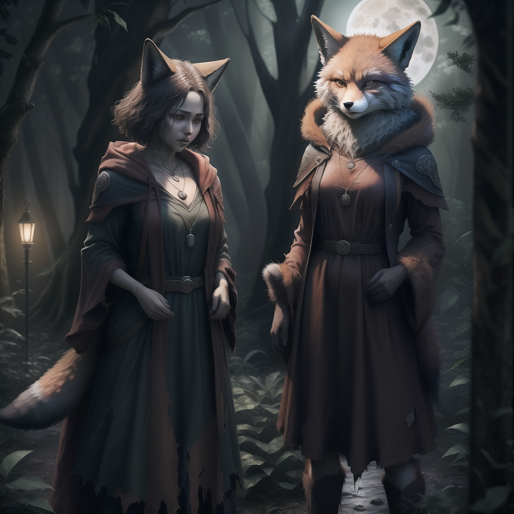 highly detailed full color candid photo of a (werefox:1.2), huntress, 1girl, full body, belt, (dress:1.2), short hair, gothic necklace, torn clothes,  clawed hands,
(forest,  night, full moon:1.2) realistic, depth of field, blurry background, photorealistic, analogue photography, low key lighting, <lora:RPGWerefox:0.7>