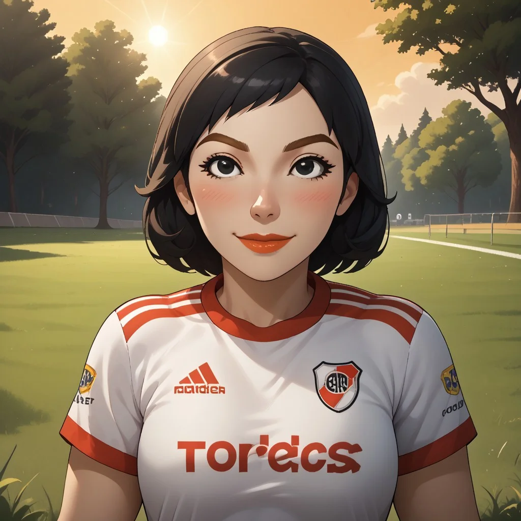 score_9, score_8, BREAK, solo, wii, mii, wii sports, 1girl, female mii, black eyes, black hair, brown eyebrows, lips, RiverPlate, striped shirt, striped, shirt, white shirt, short sleeves, clothes writing, sportswear, soccer uniform, white pants, shoes, nintendo mii, modern_mii, classic_mii, breasts, Misaki_(Wii_Sports), cute, blush, sexy pose, self portrait, smile, outdoors, sunlight, shadows, evening lighting, natural lighting, forest, trees, grass, orange sky, sunset