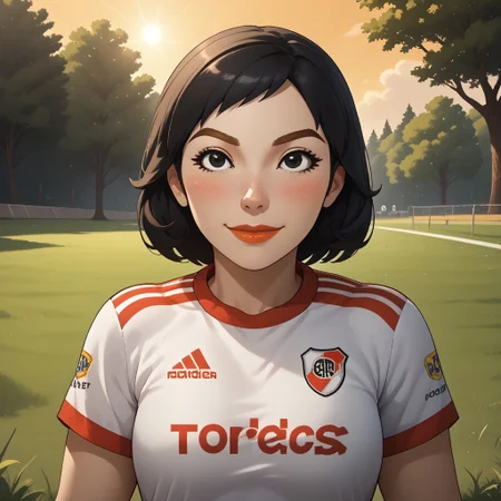 score_9, score_8, BREAK, solo, wii, mii, wii sports, 1girl, female mii, black eyes, black hair, brown eyebrows, lips, RiverPlate, striped shirt, striped, shirt, white shirt, short sleeves, clothes writing, sportswear, soccer uniform, white pants, shoes, nintendo mii, modern_mii, classic_mii, breasts, Misaki_(Wii_Sports), cute, blush, sexy pose, self portrait, smile, outdoors, sunlight, shadows, evening lighting, natural lighting, forest, trees, grass, orange sky, sunset