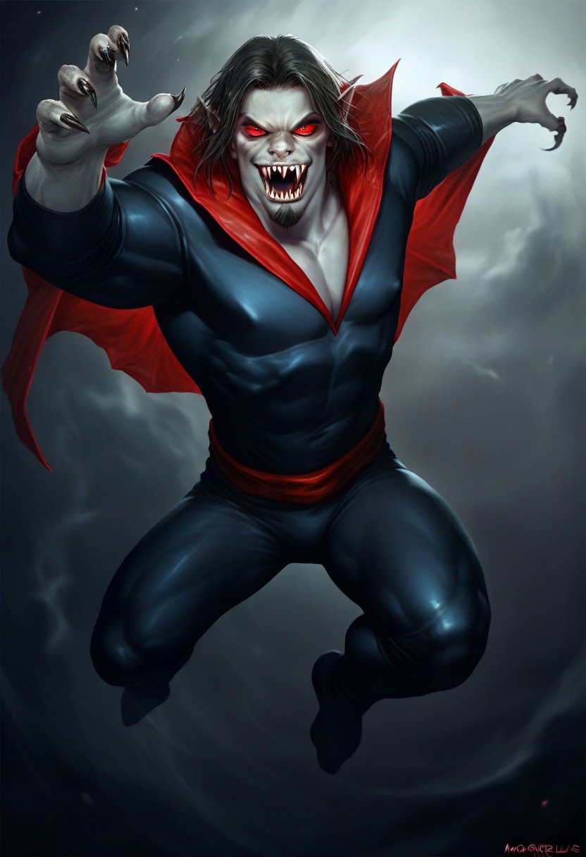 score_9, score_8_up, score_7_up, source_cartoon, solo, 1boy, ma_morbius, vampire, grey skin, red sclera, black hair, goatee, sharp teeth, bodysuit, jumping on viewer, male focus, fullbody,