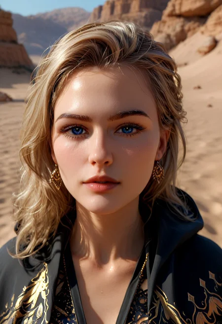 Sexy beauty 1girl 28 years old, ((full shots)), Helena, ((solo:1.4)), standing on a dune, looking into the distance, thick light hair fluttering, eyes glowing with blue neon, dark cape with a hood, somewhere in the desert of the planet Arrakis (Dune, Rakis planet), two suns rising on the horizon, a sandstorm is approaching, ether is visible above the surface of the sands - a pale neon pink spice in the form of vapors, view from the side, high detail of clothing, spherical desert lens flare reflection a girls standing in the desert, (beautiful face:1.3), hdr, raw filter, natural light, perfect composition, hyper realistic, blurred background, (dynamic shadows), overall detail, expressiveh, dynamic lighting, cinematic take, real life photo, raw, amateur, photo, photorealistic, ultra detail, masterpiece, best quality, highres, realistic, epic composition, highly detailed skin, skin texture, pores, fine hairs on the skin, ((clear eye lines)), ((pupil)), ((eyelashes)), ((eyebrows)), (normal composition, no glare, no highlights), 8k, high quality