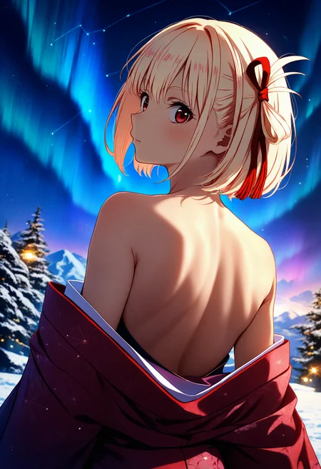 masterpiece, best quality, 1girl, solo, nishikigi chisato, short hair, blonde hair, hair ribbon, red eyes, looking back, aurora, back, bare back, bare shoulders, constellation, from behind, kimono, light particles, long sleeves, off shoulder, <lora:ChamIllustriousBackgroundEnhancer:1>
