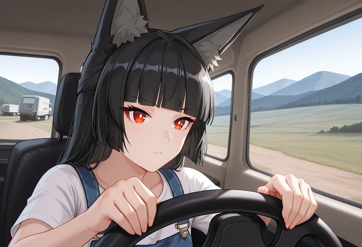 zPDXLxxx ((score_9, score_8_up, score_7_up)), masterpiece, perfect anatomy, perfect face, two persons
BREAK 1girl, miyabizzz, black hair,red eyes,blunt bangs,hime cut,fox girl,bright pupils,confused face,
overalls,
A uaz_3303 military truck driving through a mountainous area.  The scene is detailed and cinematic, with realistic lighting and shadows. The mountainous background is visible through the windows, with rugged terrain and misty peaks. The interior of the truck is slightly worn, adding authenticity. Marisa looks focused and confident, hands on the steering wheel.