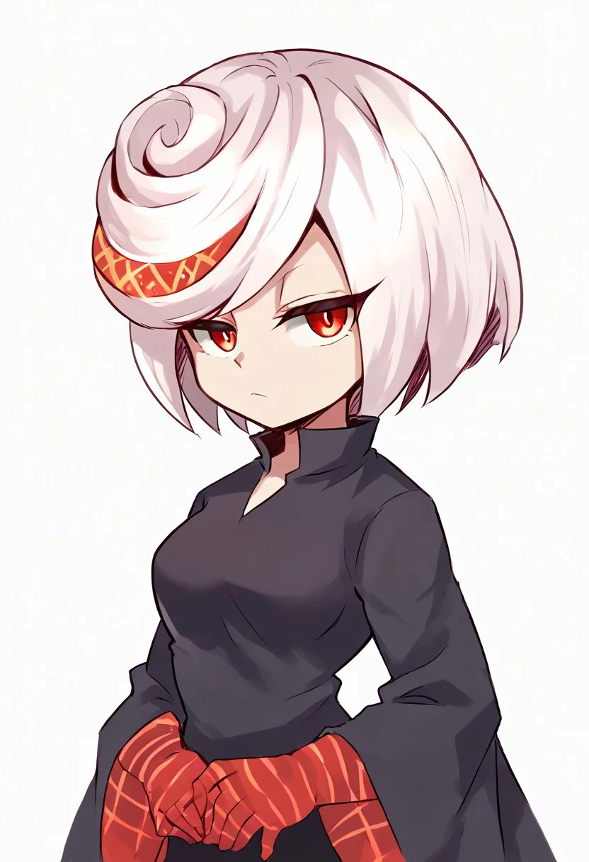 score_9, score_8_up, score_7_up, source_anime, sage, sage (sonic), short, adorable, black dress, cold expression, red eyes, looking at viewer, white hair, adorable, cute, short stacked, big eyes, smaller body, large head, artist: sunnysundown, sunnysundown, sundown, blank background, white background, big head, half closed eyes, big breasts,