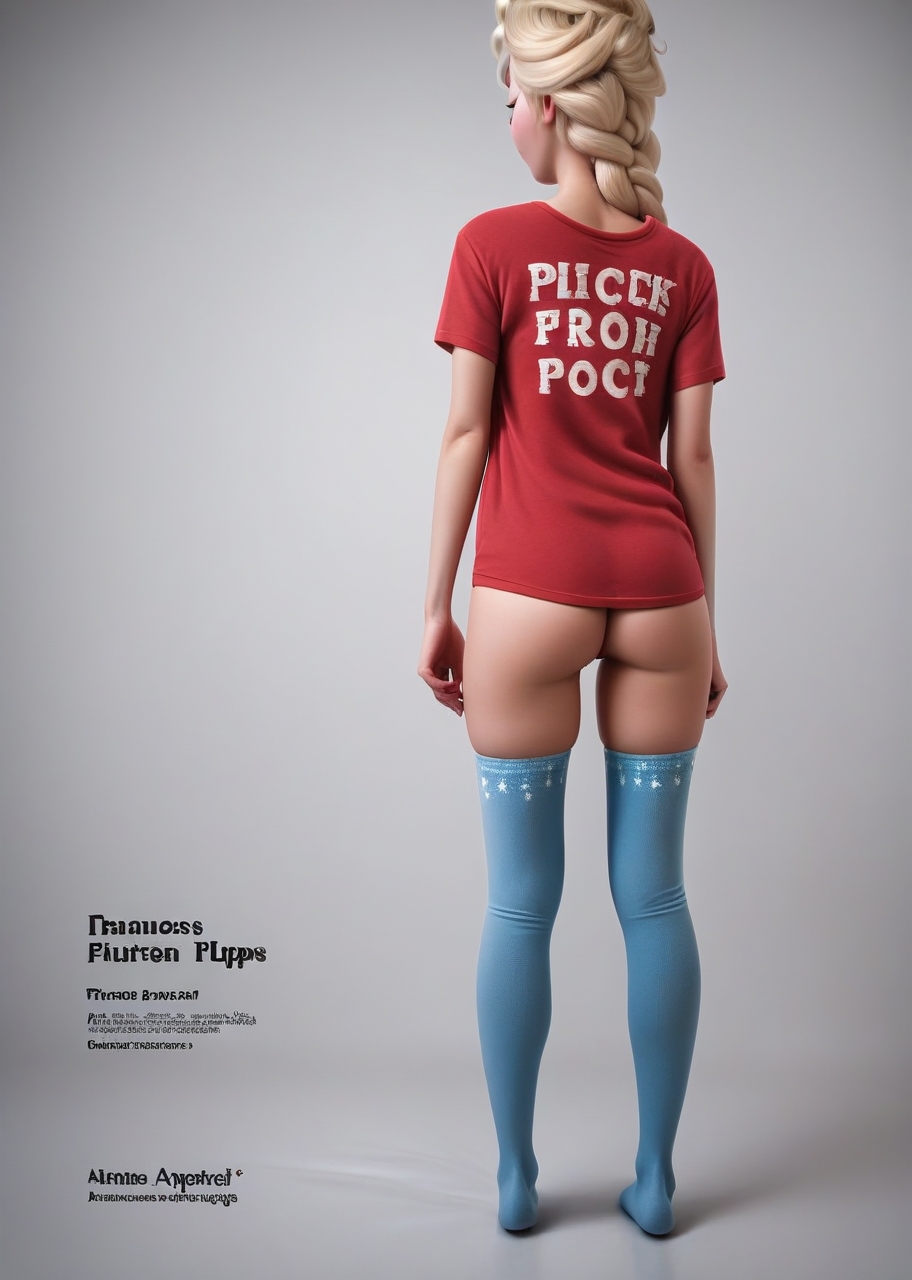 princess Elsa,, <lora:princess_pony_v1:0.6> 1girl thighhighs, t-shirt, <lora:AA_Ads_Only:.9> 445l34z3, 445l34z3ADVERT, standing, from behind, backless outfit, american apparel,, score_9, score_8_up, score_7_up, score_6, score_5, score_4,