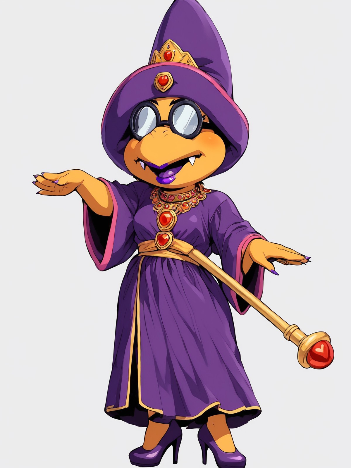 <solo:1.5>,
<1girl:1.5>,
transparent background, solo, full body, staff, fangs, hat, colored skin,fe male focus, 1girl, holding, purple hat,purple robe,female,lipstick,purple lipstick,small breasts,eyeliner,makeup,heels,
<white background:1.5>,
<simple background:1.5>,
<lora:Kamek_SMB-PonySDXL:1.0> kamek_magikoopa,
<lora:90s4n1m3XLP:1> 90s4n1m3, standing,
dancing,
waving hands,