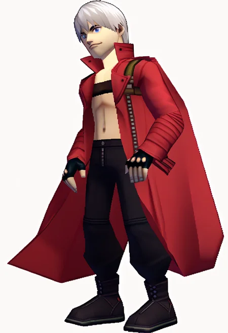 score_9, score_8_up, score_7_up, source_anime BREAK, 1boy, solo,
<lora:zs_N64ZeldaStyleXL:1> n64zeldastyle, 3d, polygonal, white background, full body
 <lora:dmc3_dante_ponyXL:1> dmc3dante, grey hair, bangs, blue eyes, red coat, bandeau, fingerless gloves, pants, plain background