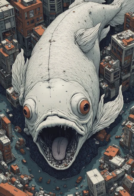 A hyper-detailed, black and white, muted artwork using precise, microscopic strokes and dense, textured linework to create an overwhelming sense of complexity. [A minuscule fish lies half-submerged in a murky puddle, its scales rendered with faint, shimmering strokes. Its open mouth gasps for air, a single bubble escaping into the grimy water. The surrounding mud is textured with fine lines, while the fish's lifeless eye, no larger than a pinhead, reflects an almost imperceptible glint of light, amplifying its struggle.]. The rendering pushes extreme contrasts, layering heavy blacks and intricate stippling to create deep, tactile textures and unsettling depth. Figures are grotesquely distorted and unnervingly exaggerated, with harsh, exaggerated features that defy symmetry or natural beauty. The aggressive use of line weight and chaotic gradients adds visual tension, making the image feel alive, oppressive, and raw with emotional intensity.