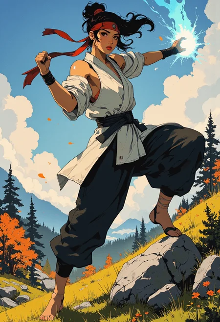 Image is a close up digital fantasy artwork featuring an asian female fighter character in a dynamic fighting stance with one leg up. She has tan skin with black hair. She's wearing a sleeveless martial arts robe. with a long red headband. Her hands are wrapped in bandages for boxing. Theres a blue flaming aura around her. The background is of a serene mountainside, grassy field, lush colorful trees, rocks.