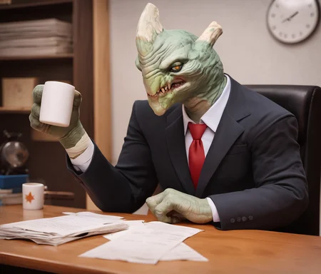 zPDXL2, , rating_safe, score_9 , score_8_up, score_7_up, 4k, 3d , ,highres, absurdres, portait, BREAK
paraggrux, grux sitting in an office chair holding a bunch of papers at a desk with a coffee mug , wearing tiny glasses, wearing a ripped black suit , office background, bored expression , torn clothes ,one horn on head, grey skin, teeth, spikey spine, alien, monster , bandage wrapped arms, bandage wrap legs, <lora:Grux_-_Paragon:0.8> <lora:Pony_DetailV1.0:0.6>