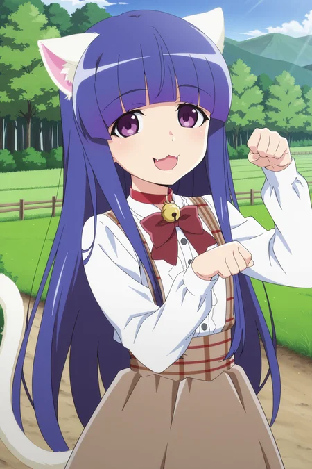 anime screencap, anime coloring, detailed face, masterpiece, best quality, very aesthetic, absurdres, volumetric lighting, official style, amazing quality, ultra detailed, highres, amazing quality, scenery, beautiful detailed hair, beautiful detailed eyes, 
<lora:Rika_Furude_teenage_appearance_Higurashi_When_They_Cry_-_Gou_and_Sotsu:.8>
outdoors, rural countryside, trees, blue sky,
Rika dress with red bow (outfit), 1girl, long hair, solo, bow, smile, furude rika, shirt, purple eyes, white shirt, looking at viewer, blunt bangs, red bow, blue hair, long sleeves, bowtie, cowboy shot, paw pose, happy girl, mouth open, cat ears, cat tail, neck bell, suspenders, :3,  cute girl