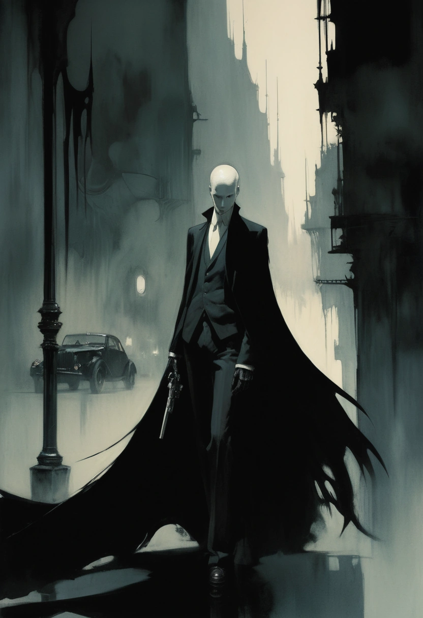neo-noir scene by Ashley Wood and Kay Nielsen