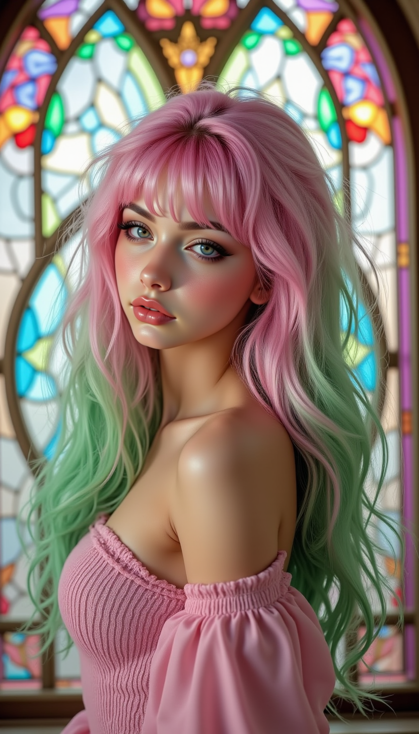 pinkfantasybabes, 

A woman with hair Ombre blending between pink and green, choppy bangs, cute and Kawaii, stained glass broken background, captivating art enthusiasts, joyous atmosphere, vibrant, blur, bokeh, pastel, blowing a kiss,