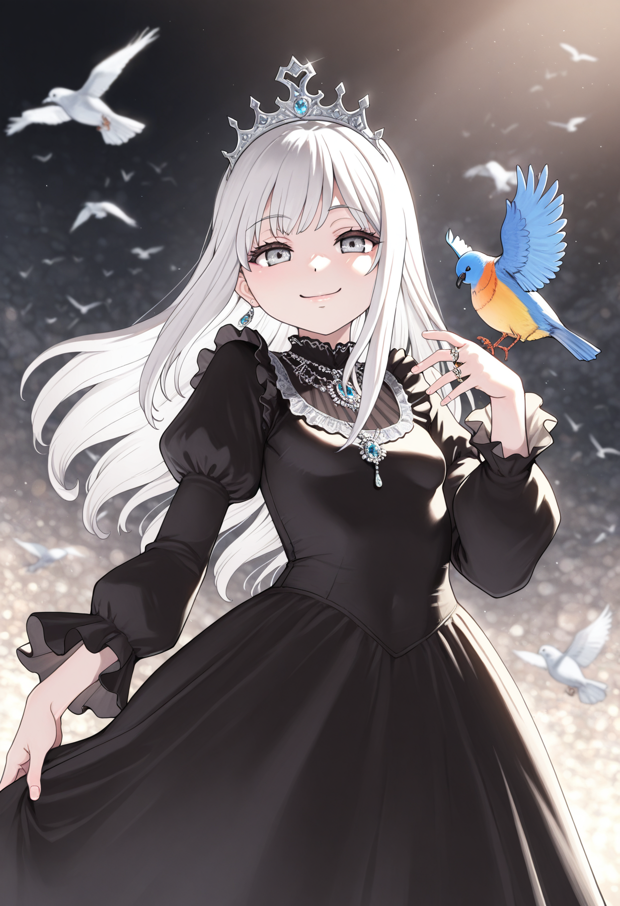 masterpiece,best quality,amazing quality,
1girl, solo, long hair, jewelry, looking at viewer, ring, grey eyes, dress, crown, long sleeves, bangs, puffy sleeves, black dress, white hair, bird, frills, smile,
 <lora:Shiwasu_no_Okina:1>