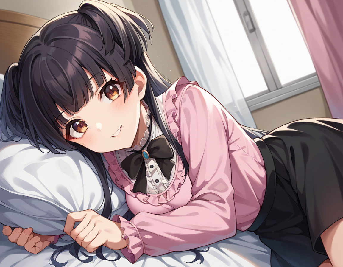 score_9, score_8_up, score_7_up, source_anime,
fuyukomayuzumi, <lora:fuyuko-mayuzumi-ponyxl-lora-nochekaiser:1>,
fuyuko mayuzumi, black hair, brown eyes, long hair, two side up, smile,
black bow, black bowtie, black ribbon, black skirt, bow, bowtie, frilled shirt, frills, jirai kei, long sleeves, neck ribbon, pink shirt, ribbon, shirt, skirt, white shirt,
indoors, bed, bed room, on side,
looking at viewer, dutch angle, cowboy shot,
