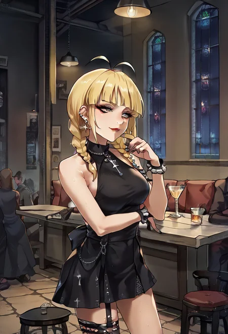 Score_9,score_8_up,score_7_up,score_6_up,source_anime,detail,1girl,solo,neon glow,BREAK
GothicC, makeup, lipstick, mascara, black nails, tattoo ,BREAK
akzkrtk,long hair, (blonde hair),(twin braid,bangs:1.1), antenna hair,((no glasses)),brown eyes, BREAK 
(the whole body is sweaty:1.2), (steam on the body),((jet-black skin)),  BREAK
(indoors:1.1),(night:1.4),(cowboy shot:1.2), Dutch Angle Shot, (dynamic angle:1.2), (dynamic pose:1.2), face focus, eyes focus, (sitting, beside Bar counter,), holding wine,  BREAK
ruanyi0729,indoors,bar \(place\), BREAK
ruanyi1005,backless dress,black dress,sleeveless,turtleneck,short dress,tight dress,cross-laced clothes, BREAK
Expressiveh,horny face,((seduce)),seduce smile, mouth close, BREAK
OverallDetail,Frontlight,