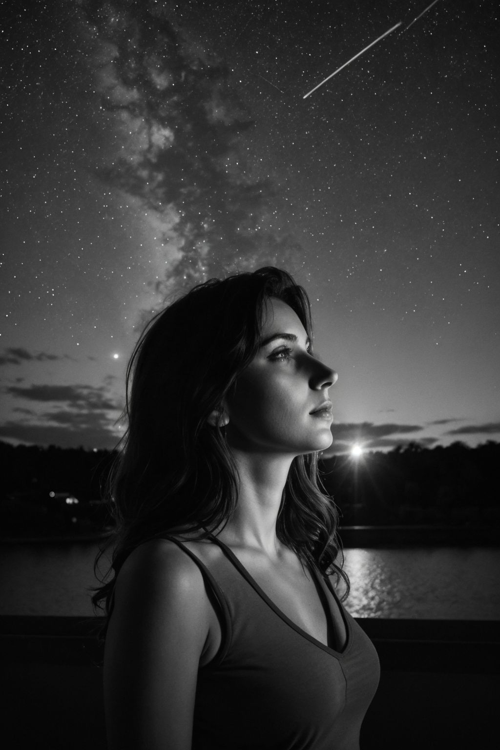 modern Photograph of a italian woman is stargazing in thoughts with background outside at night, Moody Light, Greyscale
