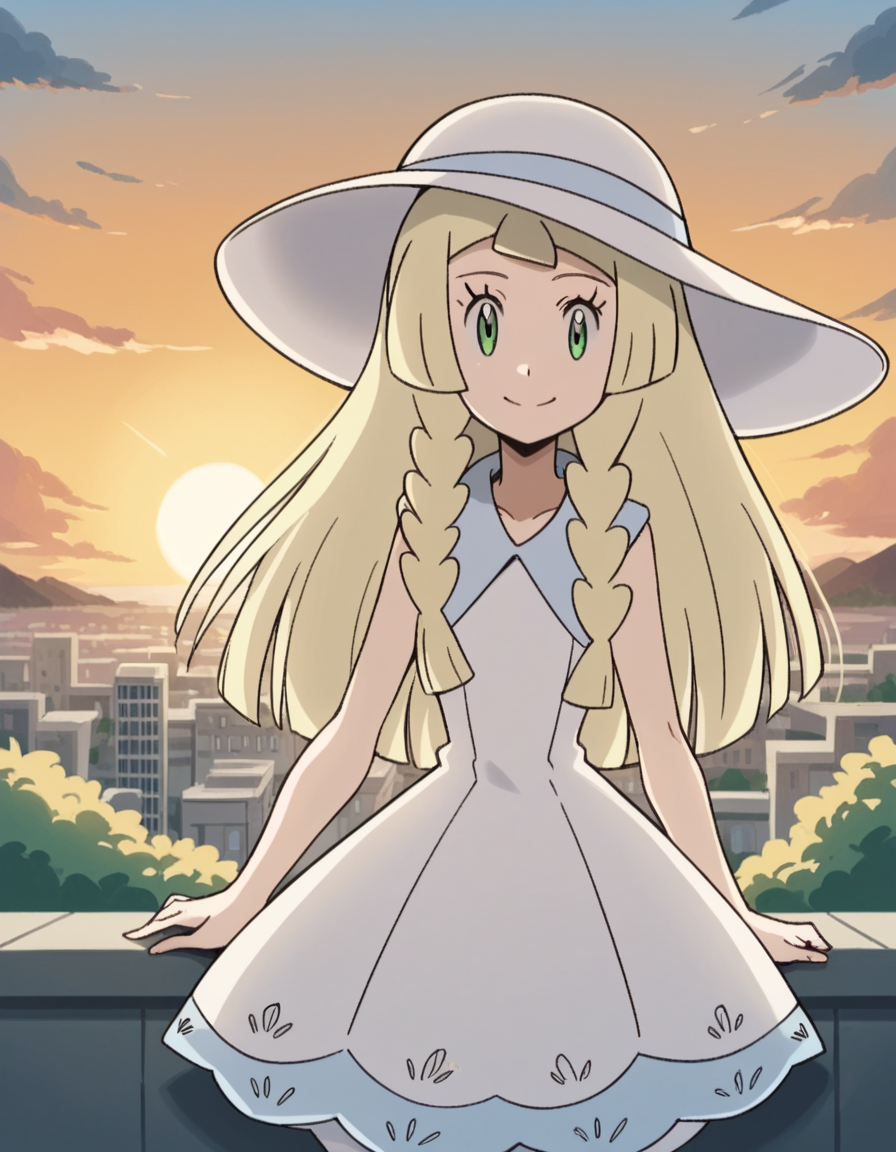 score_9, score_8_up, score_7_up, source_anime, <lora:pokemon-lilie-anime-ponyxl-lora-nochekaiser:1>, lillie \(pokemon\), blonde hair, blunt bangs, green eyes, long hair,, braid, collared dress, dress, hat, sleeveless, sleeveless dress, sun hat, sundress, twin braids, white dress, white headwear,, rooftop, sunset, cityscape, quiet moment, wind blowing, contemplative, smile, looking at viewer, solo,, cowboy shot, dutch angle