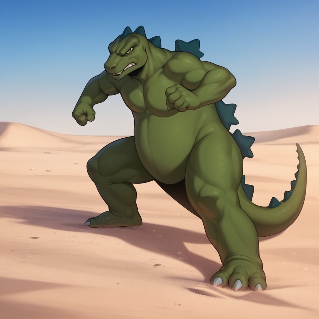 score_9, score_8_up, score_7_up, score_6_up, score_5_up, score_4_up, source_furry, godzilla78, feral, male, godzilla, green skin, fighting stance, desert, sand, angry