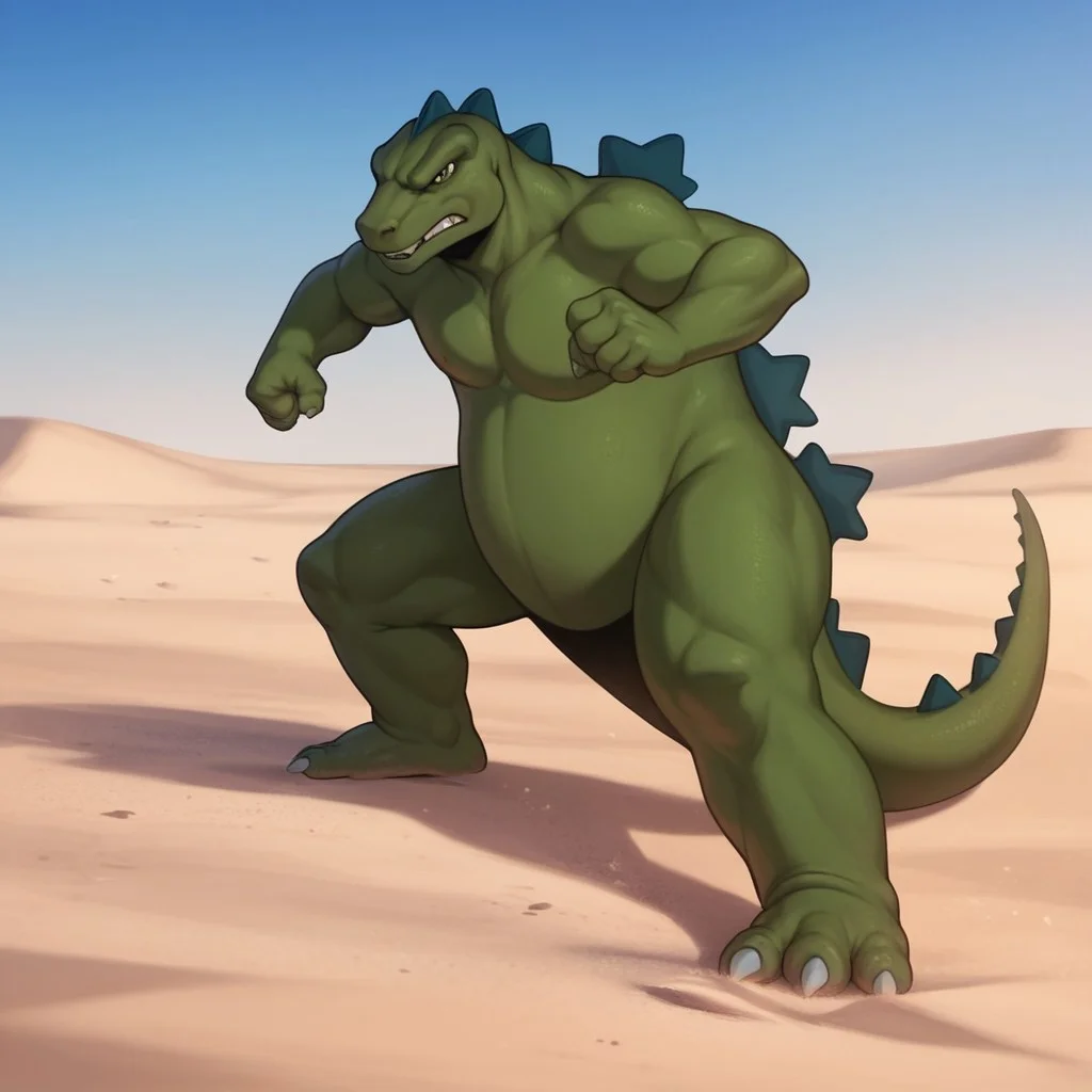 score_9, score_8_up, score_7_up, score_6_up, score_5_up, score_4_up, source_furry, godzilla78, feral, male, godzilla, green skin, fighting stance, desert, sand, angry
