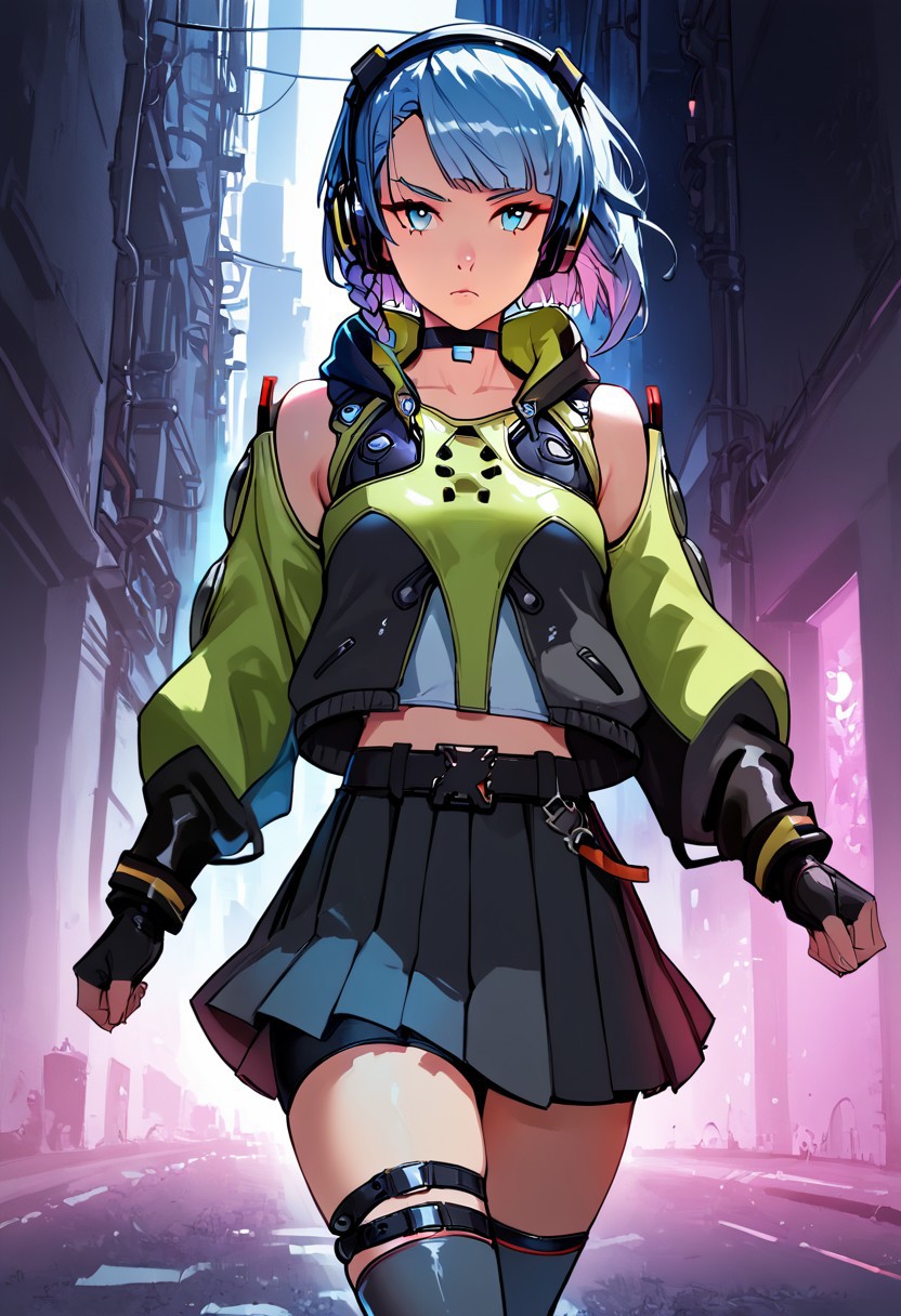 masterpiece, best quality, highly detailed, score_9, score_8_up, score_8, 1girl, solo, Anby_Demara, orange_eyes, grey_hair, side_braid, short_hair, small_breasts, headphones, black_choker, crop_top, hooded_jacket, two-tone_jacket, detached_sleeves, thigh_strap, puffy_long_sleeves, black_belt, miniskirt, black_skirt, pleated_skirt, black_thighhighs, bike_shorts, black_shorts, black_gloves, fingerless_gloves, serious face, Expressiveh, running, dynamic pose, dynamic angle, cinematic view, detailed background, street, cyberpunk city, night lights, neons, highly detailed, masterpiece, cowboy shot