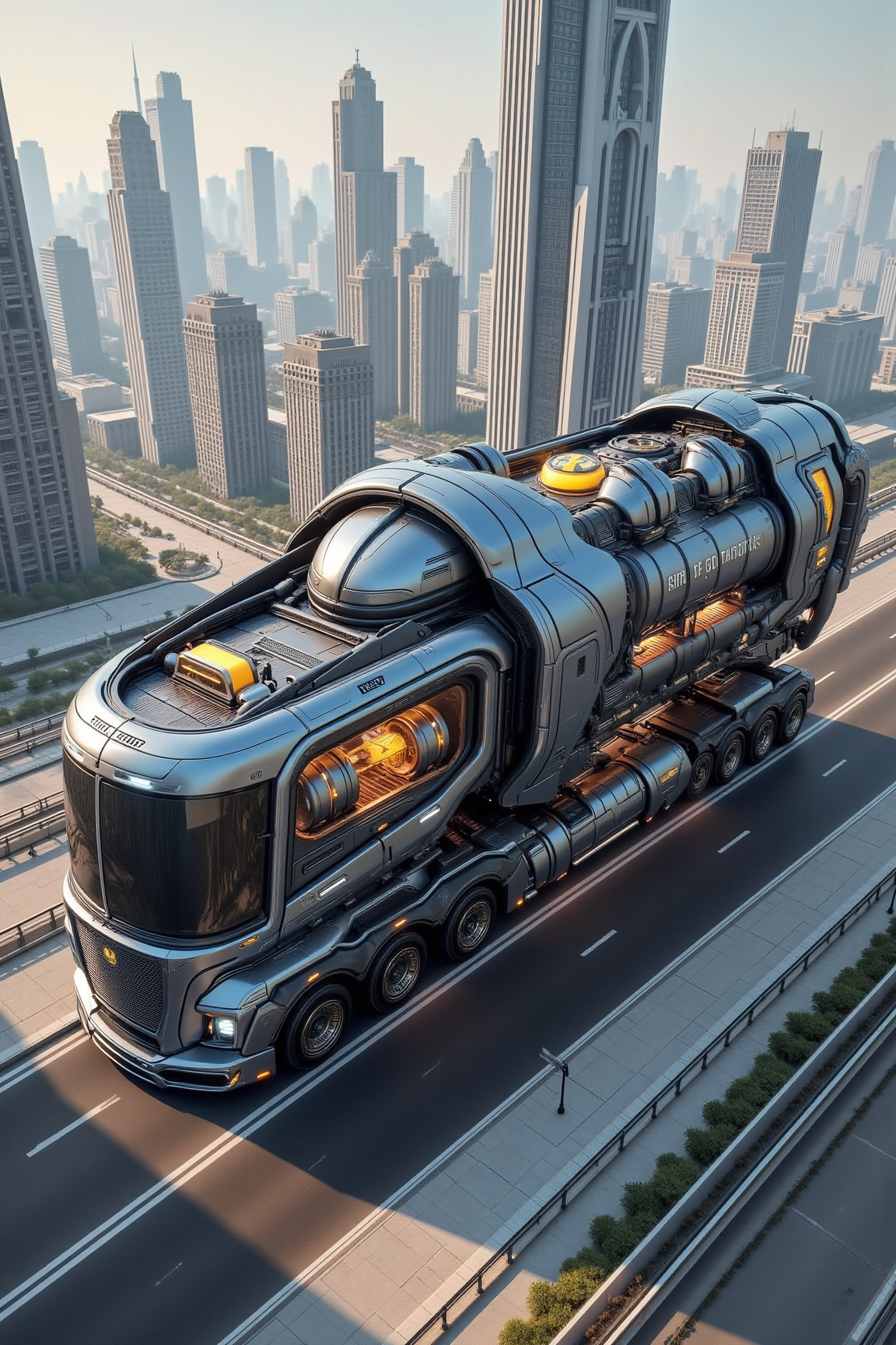 YFG-R1gs, A reality-bending transport truck, its cargo bay capable of creating and manipulating matter, delivers custom-made objects to a futuristic city. The truck's AI analyzes the customer's specifications and generates the desired object from raw materials. Its crew monitors the fabrication process, ensuring the quality and accuracy of the creations. The surrounding city is a showcase of advanced manufacturing and design.