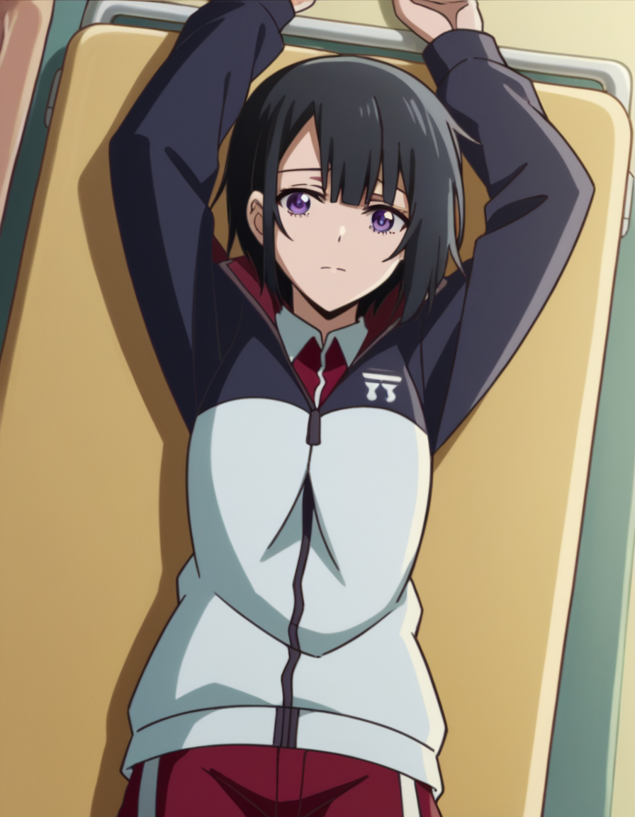 score_9, score_8_up, score_7_up, source_anime, <lora:yuika-shiwahime-s1-ponyxl-lora-nochekaiser:1>, yuika shiwahime, short hair, black hair, purple eyes,, shirt, jacket, necktie, shorts, sleeves past wrists, track jacket,, hospital room, bedside, get well flowers, comforting, quiet, , , on back, arm support, arms up, incoming hug, pov, reaching, reaching towards viewer,, solo,, dutch angle, cowboy shot
