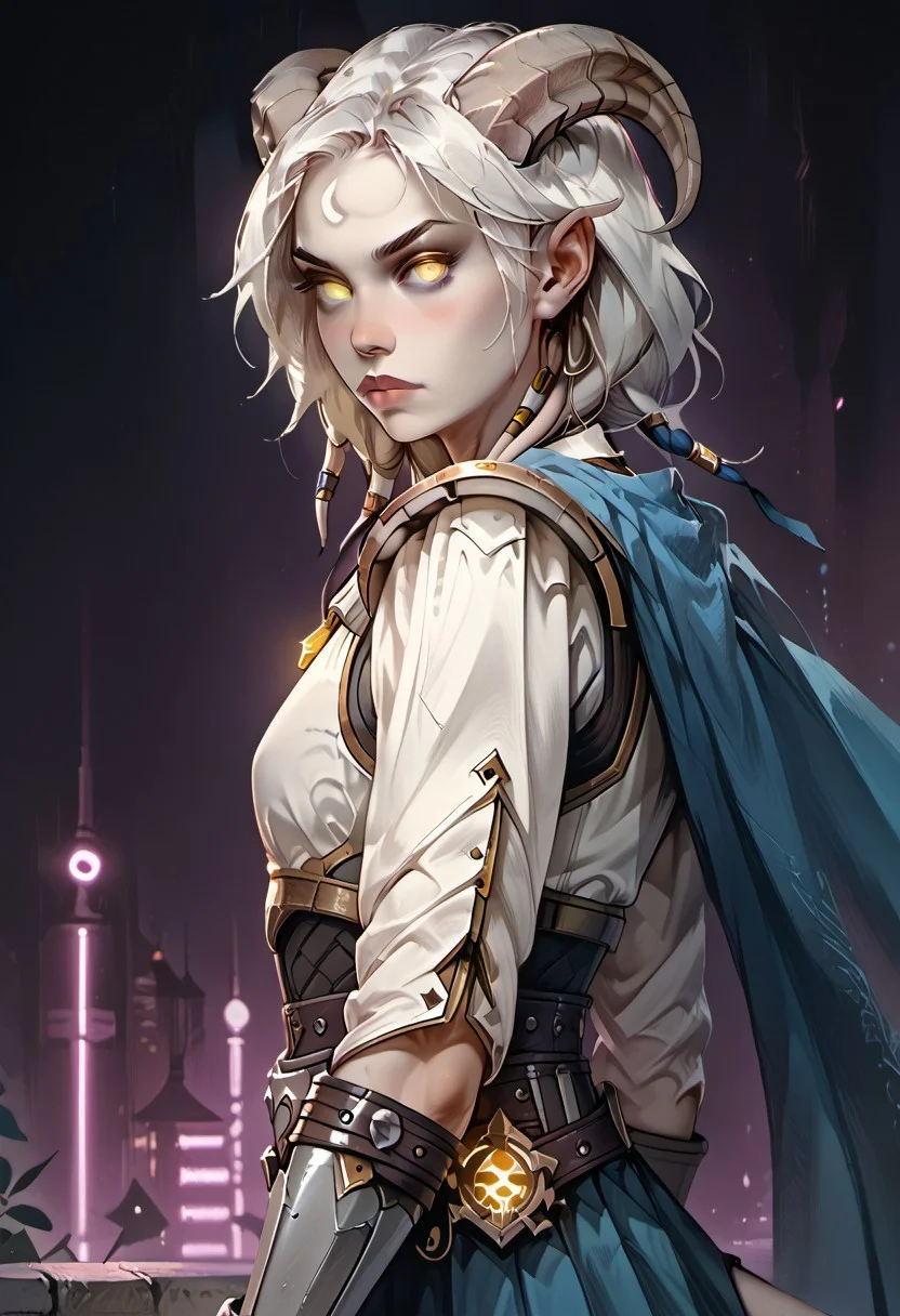 <lora:OZRN:0.9>, score_9, score_8_up, score_7_up, OZRN, digital art, side-view, 1girl, solo, small tits, culDraenei, yellow eyes, no sclera, no pupils, athletic, tall, slim, pale skin, grey skin, long tail, long ears, long hair, armor, breastplate, bracers, pauldrons, skirt, belt, navel, bare stomach, nose-ring, standing, [nose blush:0.8], pale skin, looking at viewer, dark background, (neon lights), (soft glow),<lora:ff:0.2>, gothic anime style,<lora:GothicAnimev1:0.4>