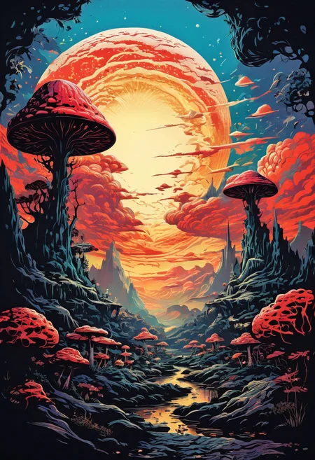 intricate paper-cut art of alien landscape with mushrooms and clouds presented in barocco  style. paper cutting art style,  iridescent style, dynamic movement,  dramatic light scene, three dimensional effect, lightbox effect, vibrant background, dramatically captivating,  High contrast,  highly detailed, high resolution, HDR, UHD, Surrealism.