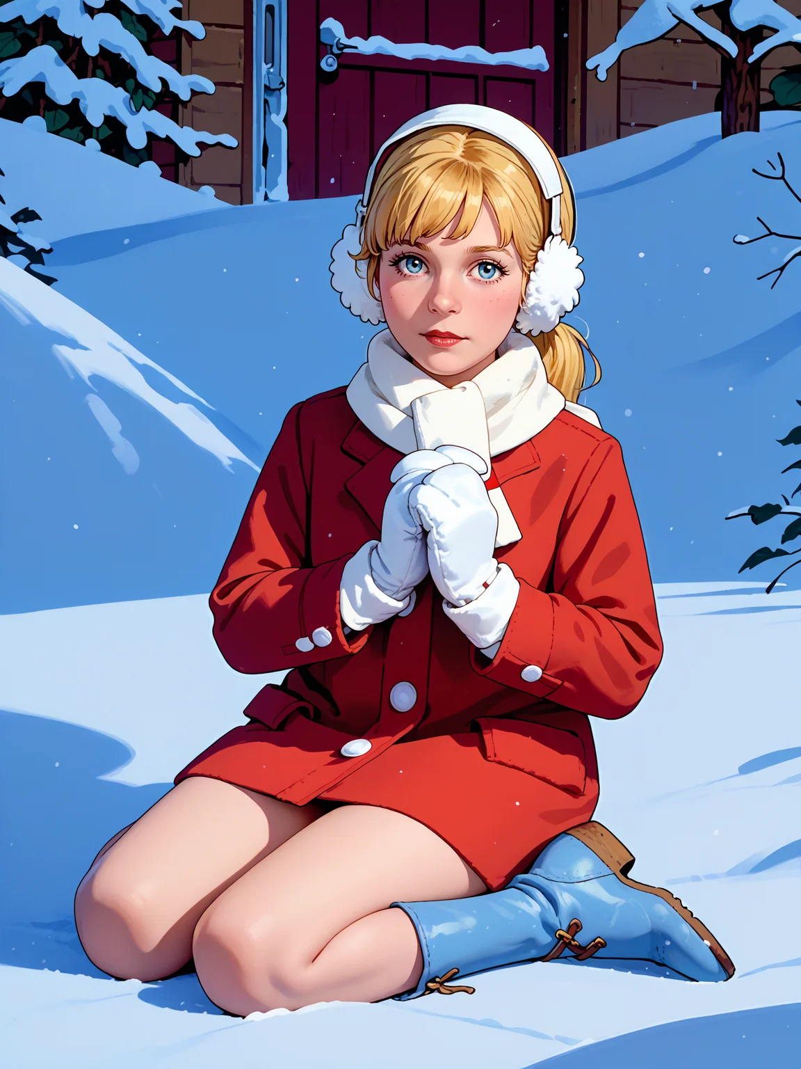 <lora:norman_rockwell_style_pony_v6:1> norman rockwell style, score_9, score_8_up, score_7_up, score_6_up, <lora:Karen_-_Frosty_the_Snowman:0.6> karenfrostythesnowman, 1girl, solo, blonde hair, bangs, ponytail, red winter coat, white scarf, red and white earmuffs, white mittens, white buttons, bare legs, blue winter boots, looking at viewer